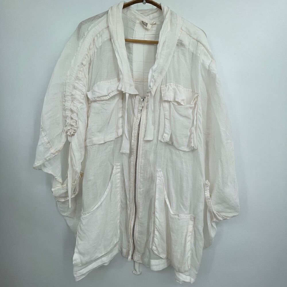 Anthropology Lilka White Gathered Cinch Sleeve Full Zip Tunic Blouse Size XS/S